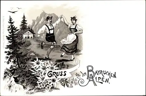 Litho Gruß aus den Bayrischen Alpen, Tänzerpaar in Tracht, Dirndl, Lederhose, Edelweiß