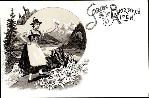 Litho Gruß aus den Bayrischen Alpen, Frau in Tracht, Dirndl, Edelweiß