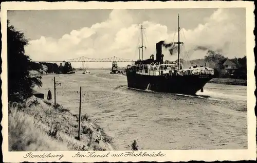 Ak Rendsburg in Schleswig Holstein, Dampfer auf dem Kanal, Hochbrücke