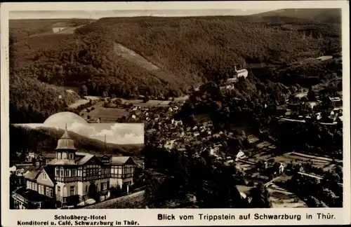 Ak Schwarzburg in Thüringen, Panorama vom Trippstein aus, Schlossberg Hotel, Konditorei