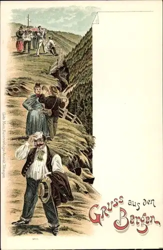 Litho Gruß aus den Bergen, Wanderer beim Aufstieg