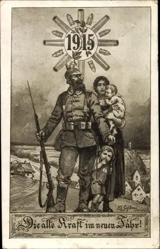 Künstler Ak Schlemo, E., Die alte Kraft im neuen jahr, Soldat mit Familie, 1915, 1. WK