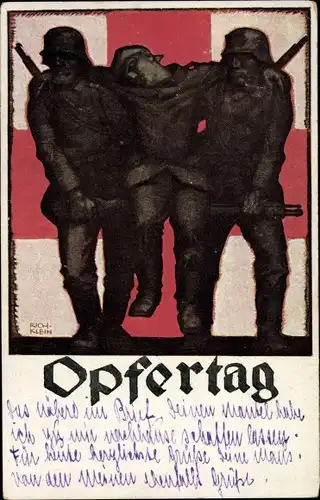 Künstler Ak Klein, Rich., Opfertag 1917, Bayer. Landeskomitee vom Roten Kreuz verwundeter Soldat