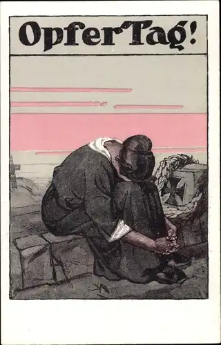 Ak Opfertag 1917, Bayer. Landeskomitee vom Roten Kreuz, Frau am Grab eines Soldaten