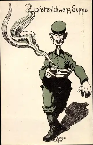 Künstler Ak Ritzer, G., Lafettenschwanz Suppe, Soldat mit Suppenschüssel
