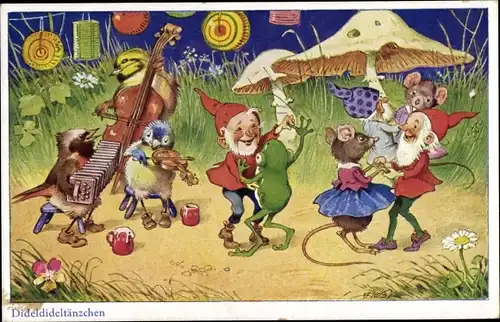 Künstler Ak Baumgarten, Fritz, Zwerge tanzen mit vermenschlichten Tieren, Frosch, Maus, Vögel