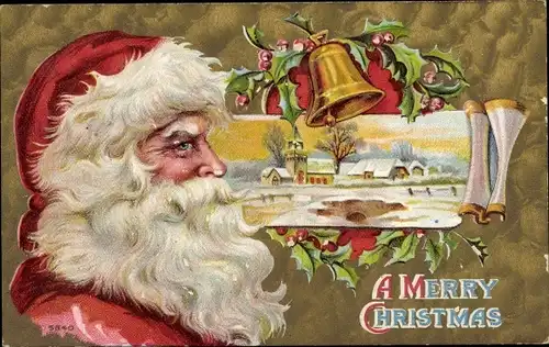Ak Glückwunsch Weihnachten, Weihnachtsmann, Glocke, Stechpalmenzweig, Ortschaft