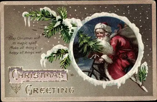 Winter Präge Litho Glückwunsch Weihnachten, Weihnachtsmann mit Tannenbaum auf einem Fahrrad