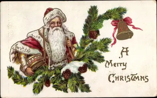 Präge Litho Glückwunsch Weihnachten, Weihnachtsmann mit Trommel, Glocke, Tannenzweige
