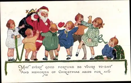 Präge Ak Glückwunsch Weihnachten, Weihnachtsmann mit Geschenkesack, Kinder