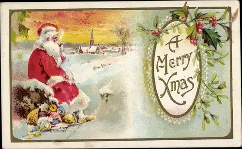 Präge Ak Glückwunsch Weihnachten, Rauchender Weihnachtsmann, Geschenke, Misteln, Stechpalmenzweige