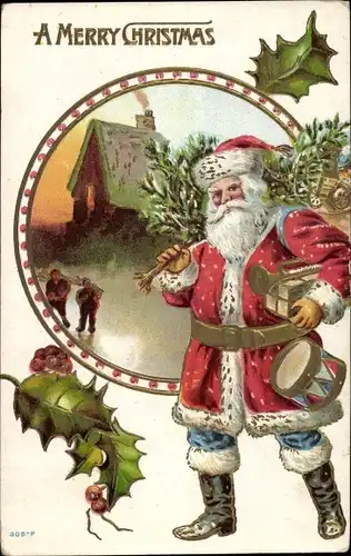 Präge Litho Glückwunsch Weihnachten, Weihnachtsmann mit Tannenbaum und Geschenken