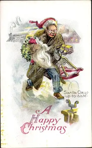 Ak Glückwunsch Weihnachten, Mann mit Weihnachtsmannkostüm, Schaukelfperd, Santa Claus up to date