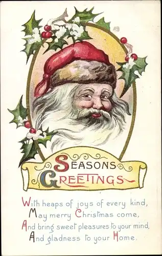 Ak Glückwunsch Weihnachten, Weihnachtsmann, Stechpalmenzweige, Seasons Greetings