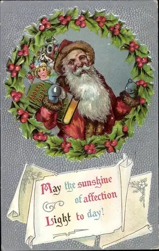 Präge Ak Glückwunsch Weihnachten, Weihnachtsmann, Puppe, Stechpalmenkranz