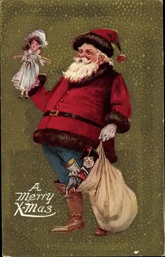 Ak Glückwunsch Weihnachten, Weihnachtsmann mit Geschenkesack, Puppe