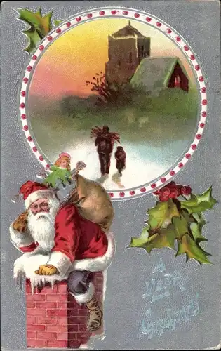 Ak Glückwunsch Weihnachten, Weihnachtsmann steigt in den Schornstein, Puppe, Stechpalmenzweige