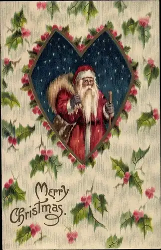 Präge Ak Glückwunsch Weihnachten, Weihnachtsmann im Schneefall, Stechpalmenzweige