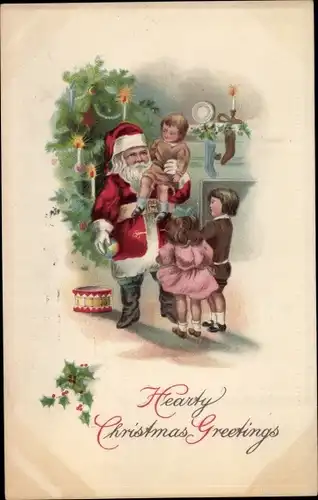 Ak Glückwunsch Weihnachten, Weihnachtsmann mit Kindern am Tannenbaum