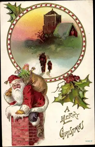 Ak Glückwunsch Weihnachten, Weihnachtsmann mit Geschenkesack steigt in den Schornstein, Stechpalmen