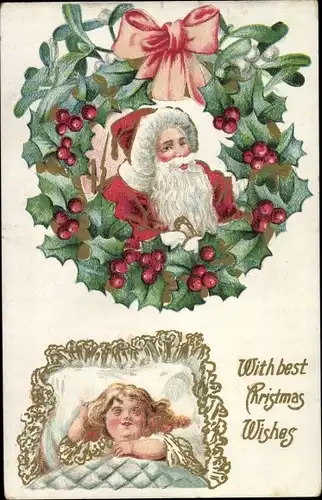 Ak Glückwunsch Weihnachten, Weihnachtsmann, schlafendes Kind, Misteln, Stechpalmenkranz