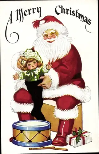 Ak Glückwunsch Weihnachten, Weihnachtsmann füllt Strumpf mit Puppe, Trommel, Geschenk