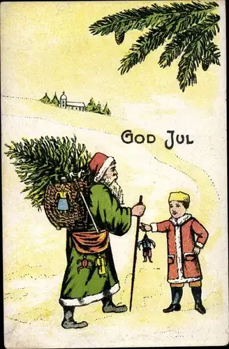 Ak Glückwunsch Weihnachten, Good Jul, Weihnachtsmann mit Tannenbaum, Junge, Hampelmann