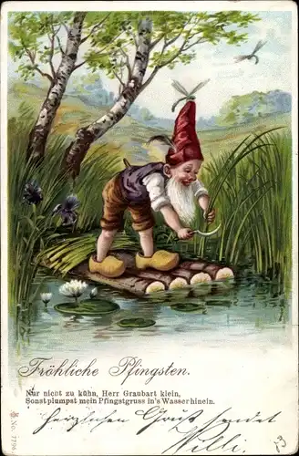 Litho Glückwunsch Pfingsten, Zwerg mit Sichel, Libelle, Seerose, Holzschuhe
