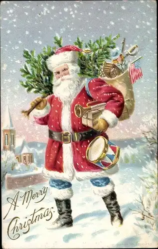 Ak Glückwunsch Weihnachten, Weihnachtsmann mit Tannenbaum und Geschenken im Schneefall