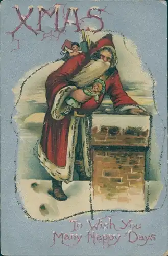 Glitzer Ak Glückwunsch Weihnachten, Weihnachtsmann mit Geschenken auf dem Dach, Puppe