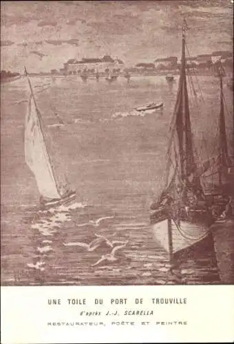 Künstler Ak Scarella, J. J., Trouville Calvados, Une Toile du Port, Segelpartie