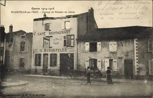 Ak Blainville sur l'Eau Meurthe et Moselle, Groupe de Maisons en ruines, Cafe Restaurant, I. WK