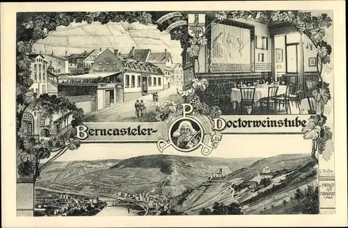 Künstler Ak Bernkastel Kues im Moseltal, Doctor Weinstube, Außen- u. Innenansicht, Panorama vom Ort