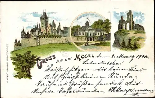 Litho Bad Bertrich an der Mosel Eifel, Kurhaus Bad Bertrich, Cochem, Ruine