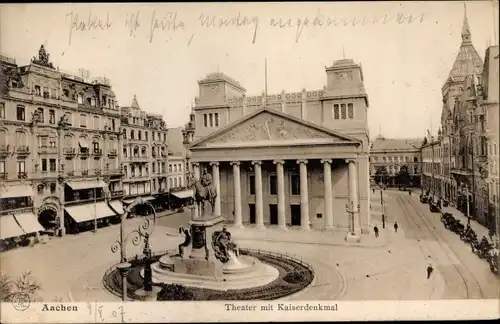 Ak Aachen in Nordrhein Westfalen, Theater mit Kaiserdenkmal