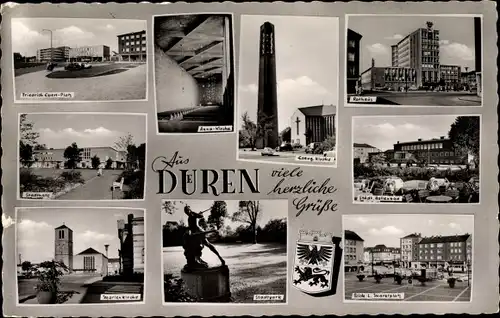 Ak Düren im Rheinland, Rathaus, Kirche, Stadtpark, Stadthalle, Friedrich Ebert Platz
