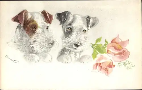 Künstler Ak Hundeportrait, Zwei Terrier, Rosen