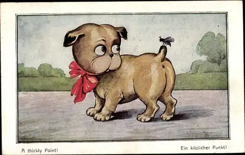 Ak Ein kitzliger Punkt, Fliege sitzt auf dem Schwanz von einem kleinen Hund