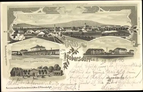 Litho Leobersdorf Niederösterreich, Panorama, Bahnhof, Fabrik, Bahnhof Restauration