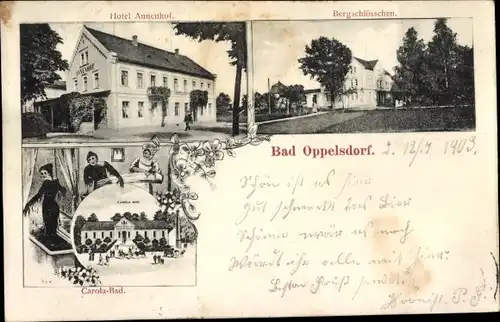Ak Opolno Zdrój Bad Oppelsdorf Bogatynia Reichenau Schlesien, Annenhof, Bergschlösschen, Carola Bad