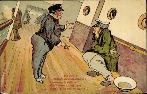 Künstler Ak En Mer, Situation interessante, seekranker Mann, Seemann