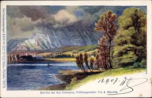 Künstler Ak Hlavacek, A., Salzkammergut Oberösterreich, Matt See mit Untersberg, Frühlingsgewitter