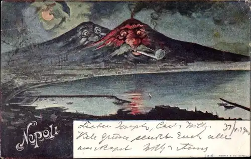 Künstler Ak Napoli Neapel Campania, Vesuv, Berggesichter, Vulkan im Mondschein