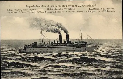 Ak Doppelschrauben Eisenbahn Dampffähre Deutschland, Fährschiff Linie Sassnitz Trelleborg