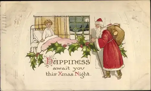 Präge Ak Glückwunsch Weihnachten, Weihnachtsmann, Kind im Bett, Stechpalmenzweige
