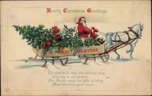 Präge Ak Glückwunsch Weihnachten, Weihnachtsmann auf Schlittengespann, Tannenbaum