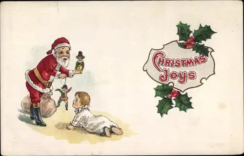 Ak Glückwunsch Weihnachten, Weihnachtsmann mit Puppe, Hampelmann, Stechpalmenzweig, Kleinkind