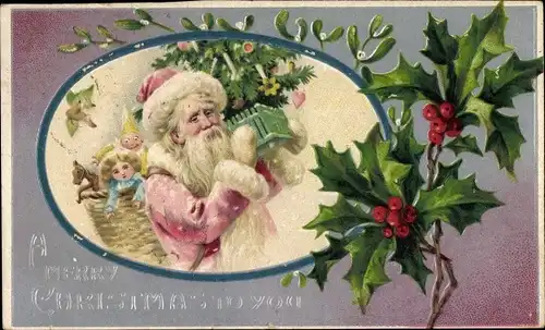 Präge Litho Glückwunsch Weihnachten, Weihnachtsmann mit Geschenken, Misteln, Stechpalmenzweige