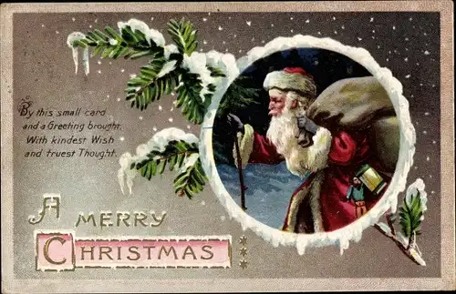 Präge Winter Litho Glückwunsch Weihnachten, Weihnachtsmann mit Geschenkesack, Merry Christmas