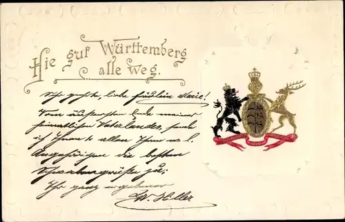 Präge Wappen Litho Hie gut Württemberg alle weg, schwarzer Löwe, goldener Hirsch